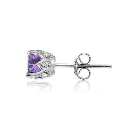 Amethyst and White Topaz Sterling Silver Crown Stud Earrings