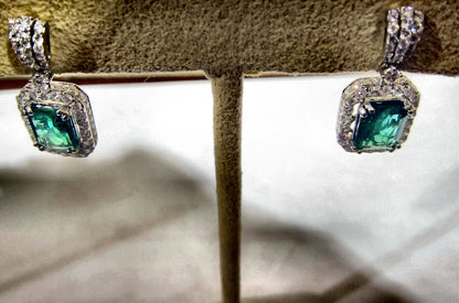 EMERALD RECTANGULAR SHAPE SET ROUND DIAMOND DANGLE EARRING