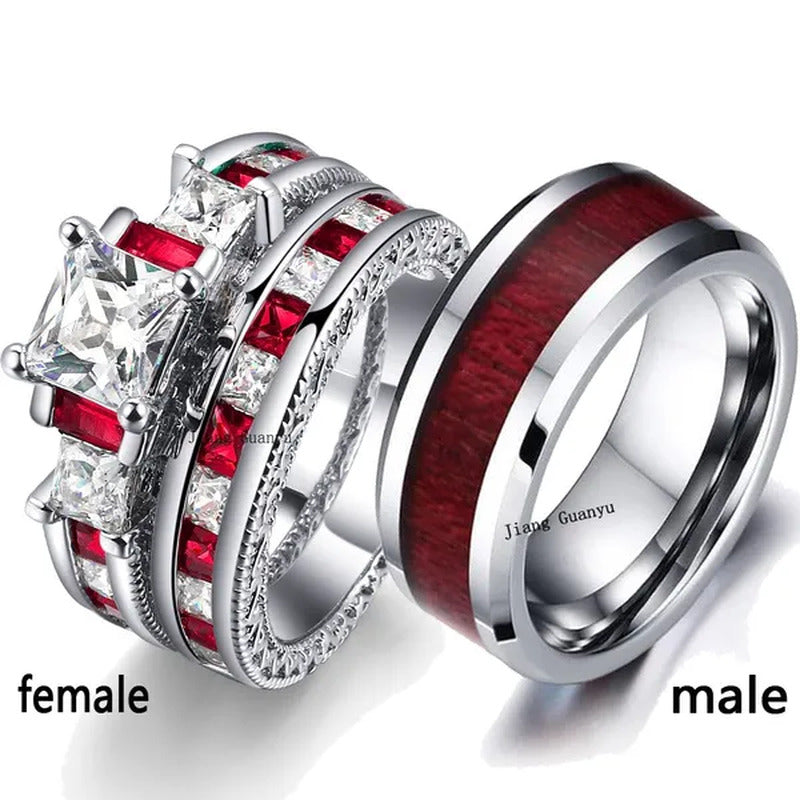 Two Rings Couple Ring His Hers Three-Stone Ring White Gold Plated Ruby CZ Womens