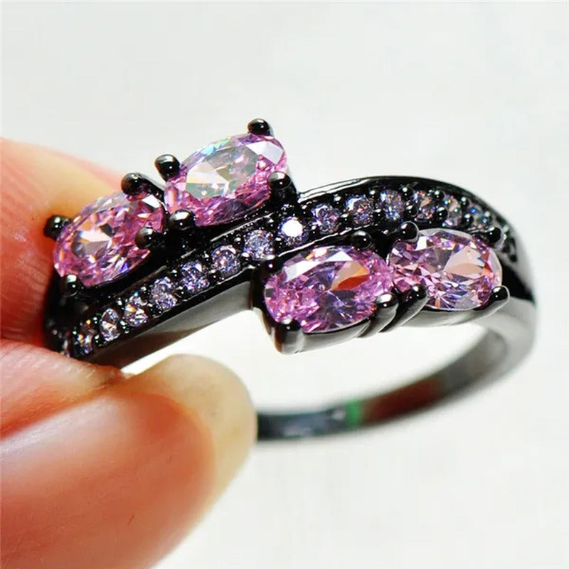 Princess Oval Pink Sapphire Black Gold Double Ring Luxurious Jewelry for Mulher