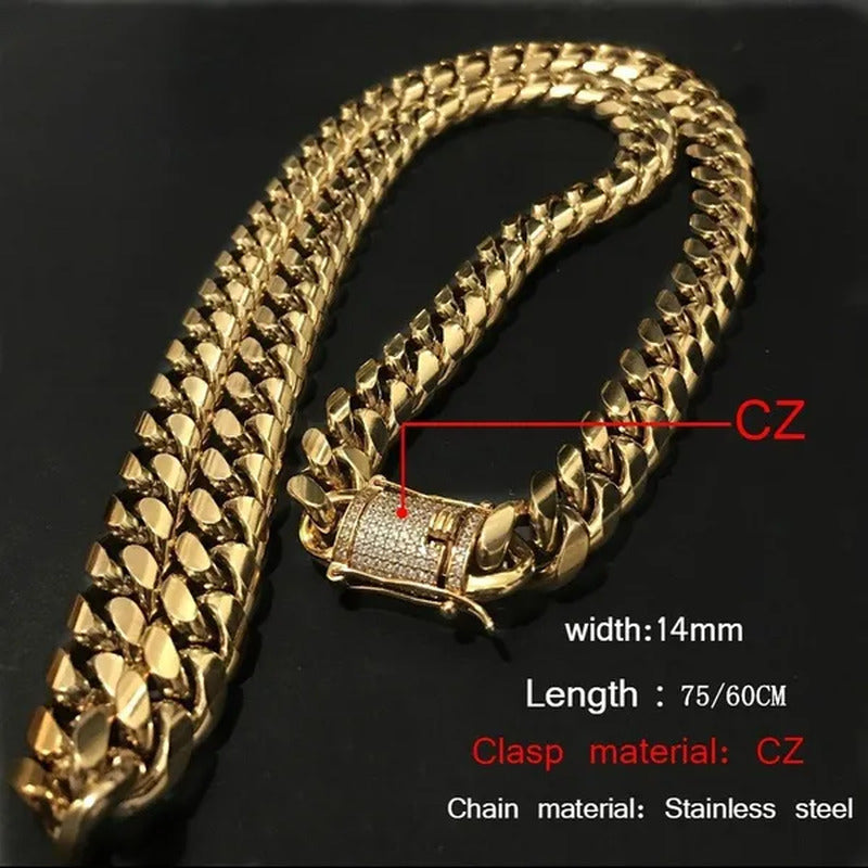 24K Gold 316L Stainless Steel Miami Cuban Link Chain with Heavy Duty Diamond Cla