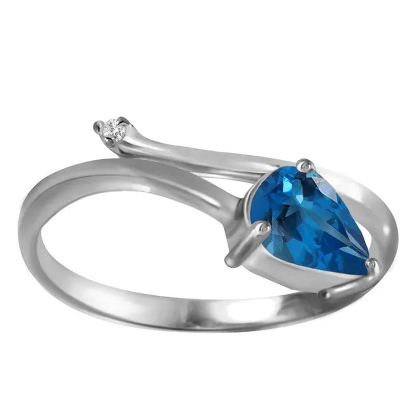 0.83 Carat 14K Solid White Gold Ring with Natural Diamond and Pear-Shaped Blue T