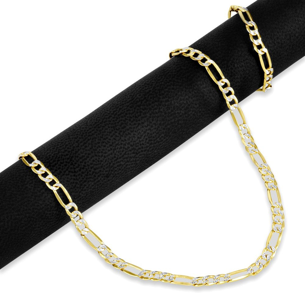 14K Yellow Gold 4.5Mm Figaro Chain Link Diamond Cut Pave Two Tone Bracelet, Mens