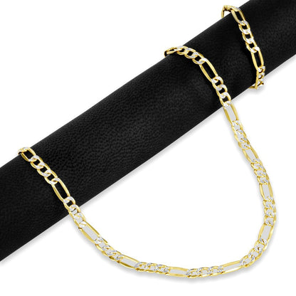 14K Yellow Gold 4.5Mm Figaro Chain Link Diamond Cut Pave Two Tone Bracelet, Mens