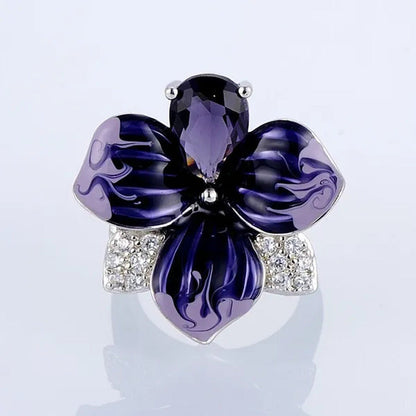 New Fashion Butterfly Flower Ring Jewelry Women 9Natural Gemstone Amethyst Ring