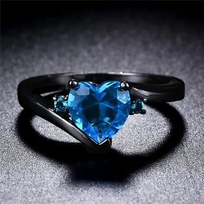 Delicate Love Heart Aquamarine Crystal Diamond Black Color Ring Promise Rings Vi