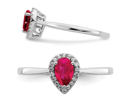1/2 Carat (Ctw) Teardrop Ruby Ring in 14K White Gold with 1/10 Carat (Ctw) Diamo
