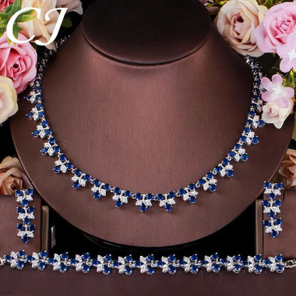 CANDICE Sapphire Prom Party 3Pcs Jewelry Set Pave Blue Cubic Zircon Leaf Flower