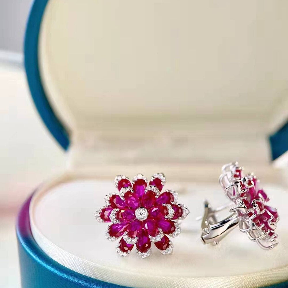 Luxury 100% 925 Sterling Silver Ruby High Carbon Diamonds Gemstone Flower Ear