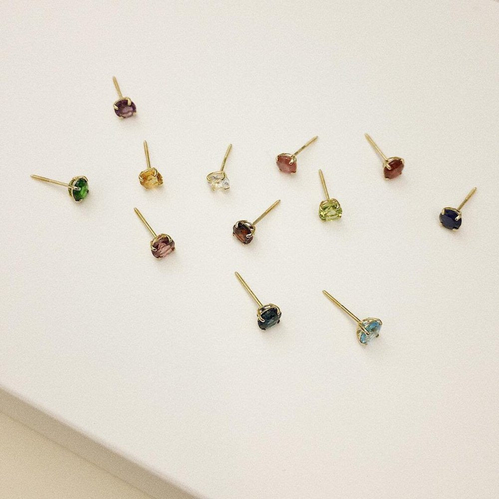 14K Real Solid Gold Stud Earrings Baby Genuine Birthstone Crystal Stud Earrings