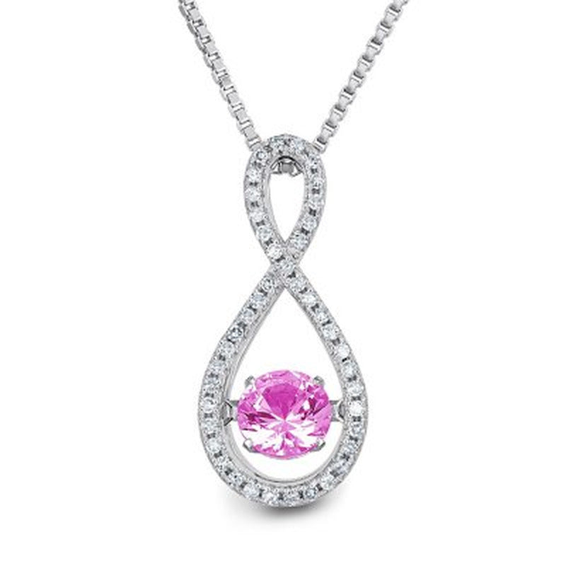 Dancing Lab Created Pink Sapphire and 0.12 CT. T.W. Diamond Infinity Pendant in