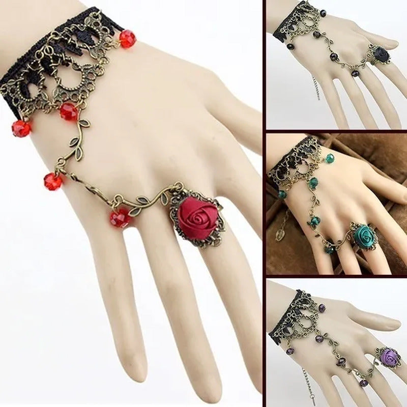 Victorian Style Black Lace Floral Rose Flower Link Chain Slave Bracelet Ring Set