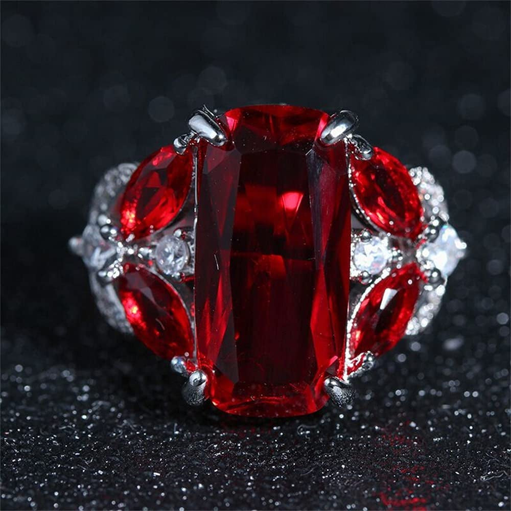 Luxury 925 Sterling Silver Womens Ring Shiny Rectangle Red Gem Princess Ring Fas