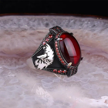 High Quality Men'S Business Ring, Antique Silver Inlaid Black Gemstone and Ruby