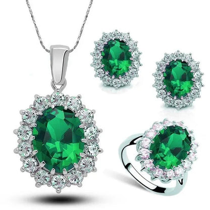 Fashion Natural 925 Silver Sapphire Ring Earring Necklace Set Ladies High-End Cr