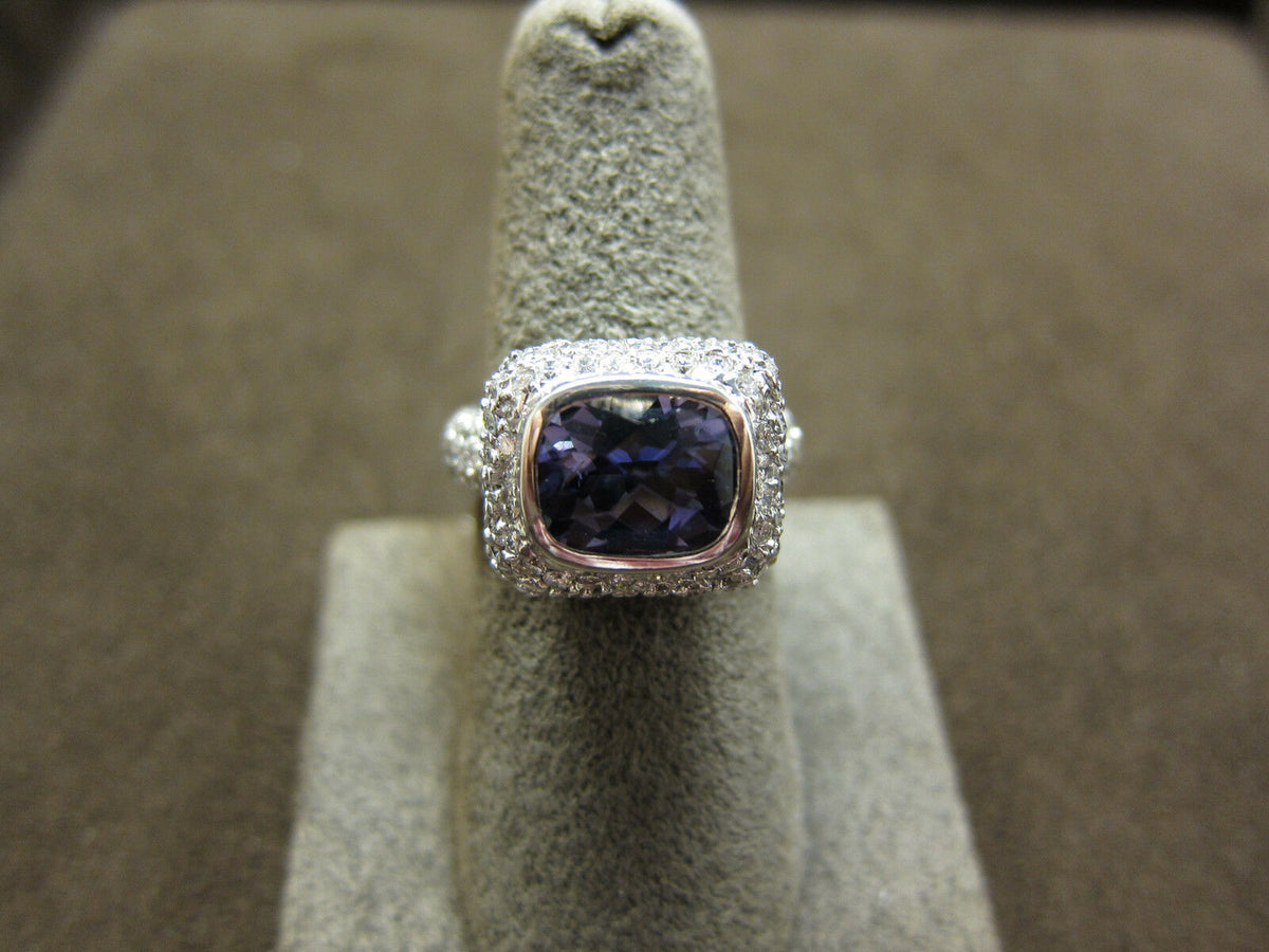 4.60 CT CUSHION IOLITE LIGHT PUPLISH BLUE DIAMOND ROUND BR PAVE SET RING 14 K