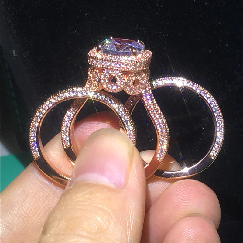 18K Rose Gold Vintage 3-In-1 Diamond Cz Ring Set 925 Sterling Silver Jewelry