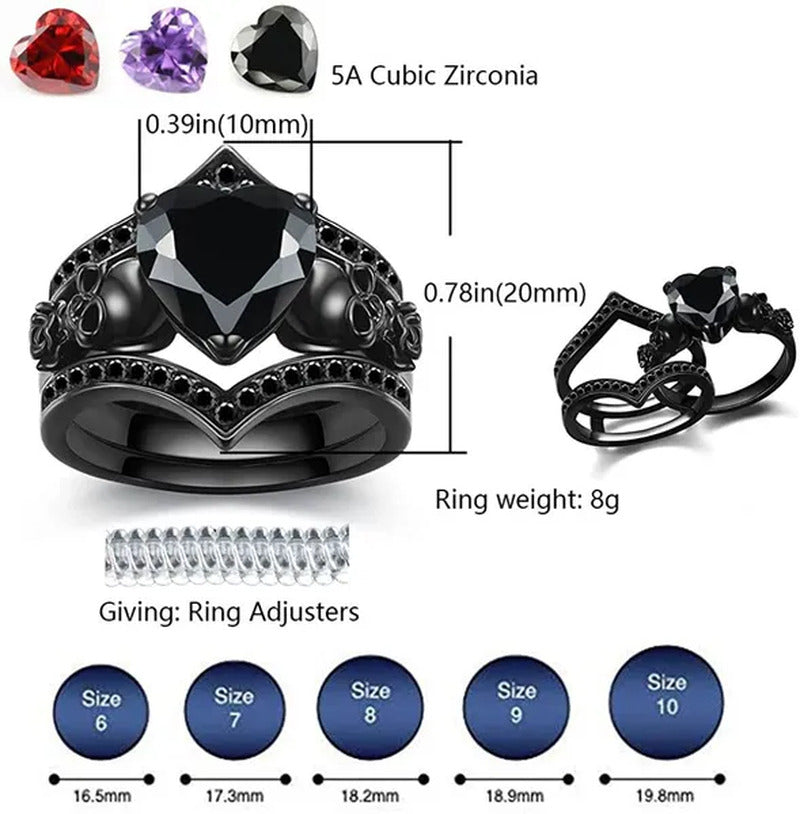 Gothic Skull Black s Set Women Rose Flower Red Purple Heart Love Zircon Crystal