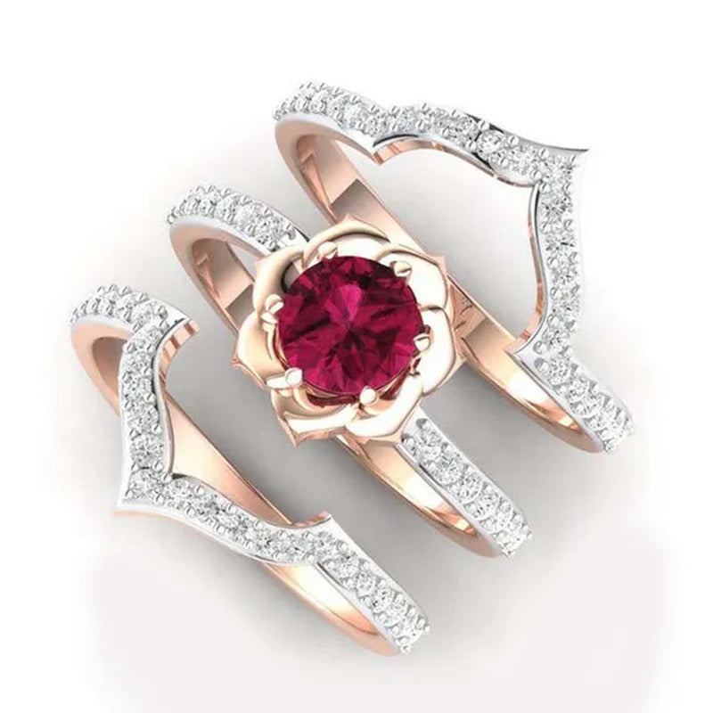 3 Pcs/Set of Exquisite Bridal Wedding Jewelry Rose Petals Inlaid with Red Zircon