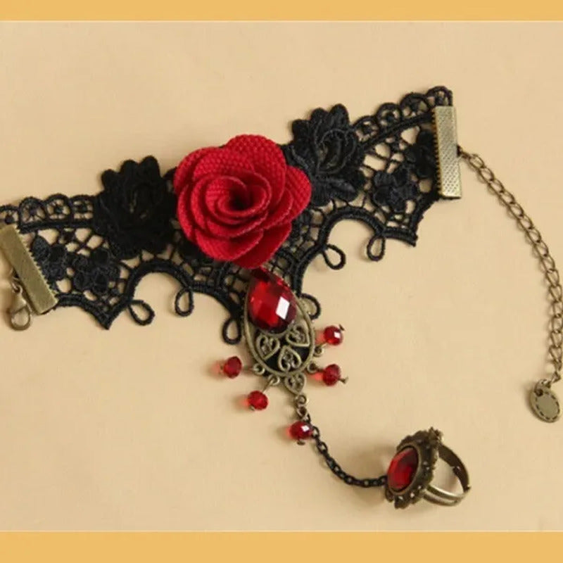 Jewelry Elegant Gothic Style Lace Red Rose Bracelet with Adjustable Finger Ring