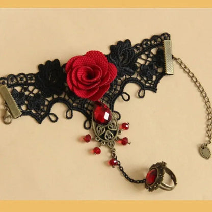 Jewelry Elegant Gothic Style Lace Red Rose Bracelet with Adjustable Finger Ring