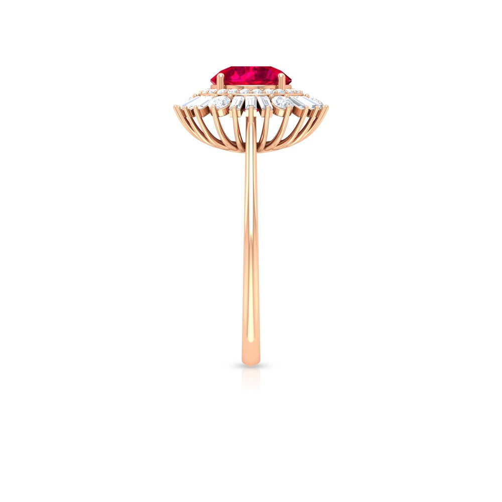 Lab Created Ruby and Moissanite Double Halo Cocktail Engagement Ring, Rose Gold,