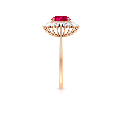 Lab Created Ruby and Moissanite Double Halo Cocktail Engagement Ring, Rose Gold,