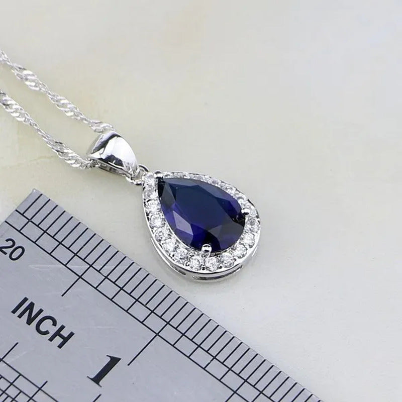 Trendy Water Drop Blue Sapphire White Topaz 925 Sterling Silver Jewelry Sets Wom