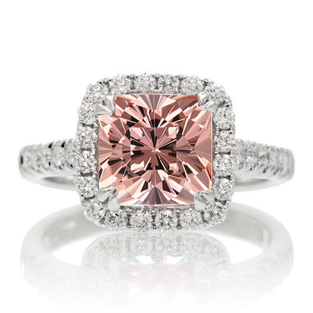 1.80 Carat Cushion Cut Morganite and Diamond Moissanite Engagement Ring Halo Des