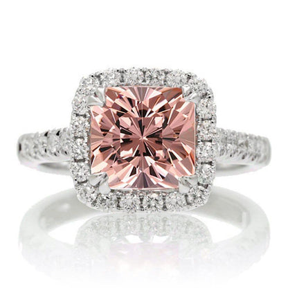 1.80 Carat Cushion Cut Morganite and Diamond Moissanite Engagement Ring Halo Des