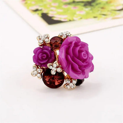 Women'S Fashion Hand Ornaments Inlaid Rhinestones Personality Resin Roses Flower
