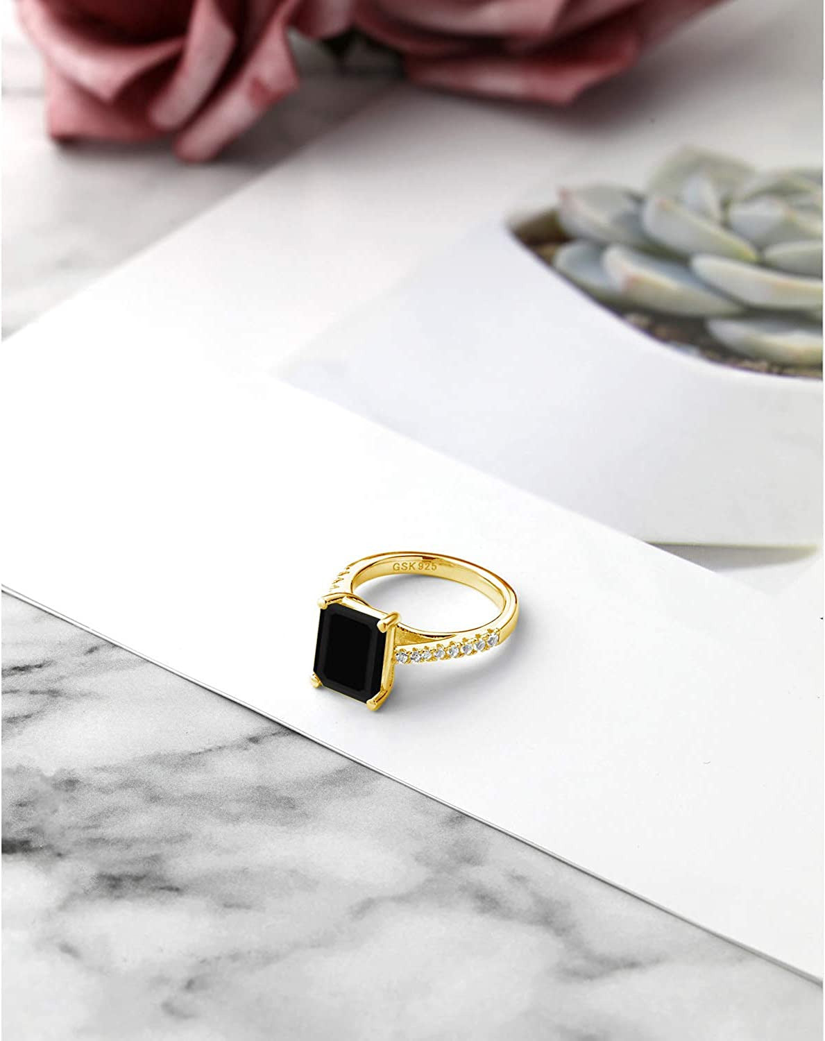 Black Onyx White Created Sapphire 18K Yellow Gold Plated Silver Ring (3.39 Cttw,