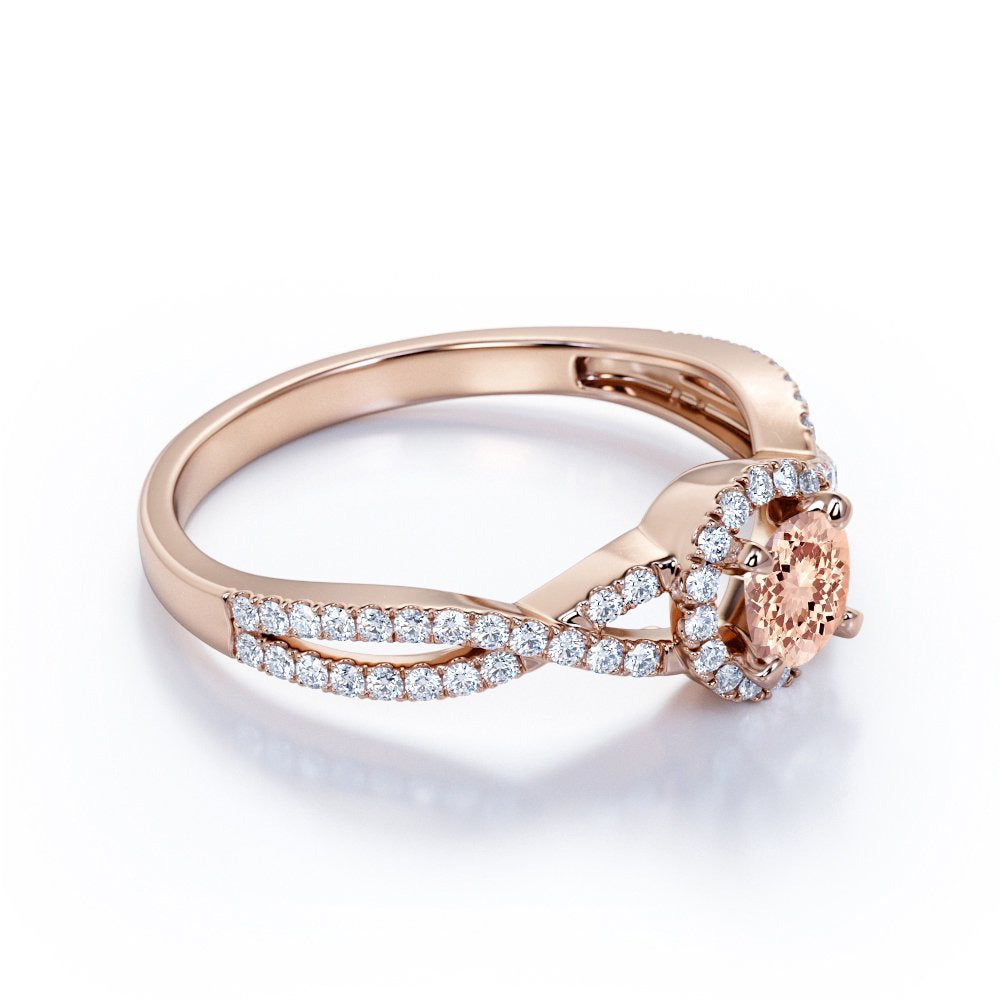 Classic 1.25 Carat Created Morganite and Diamond Halo Engagement Ring in 10K Ros