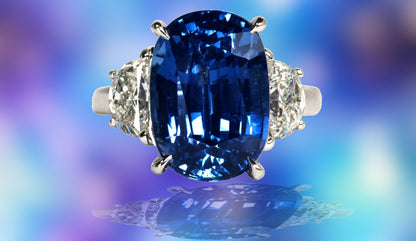 AGTA CERTIFIED 100% NATURAL CUSHION SHAPE SAPPHIRE SET TWO HALFMOON DIAMOND RING