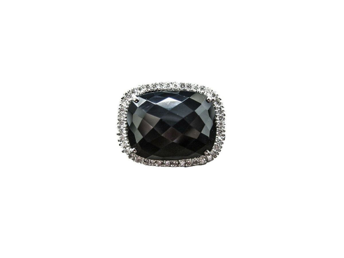 ONYX CUSHION FACETED CENTER DIAMOND 3.40 CT ROUND BLACK AND WHITE SIDE SET RING
