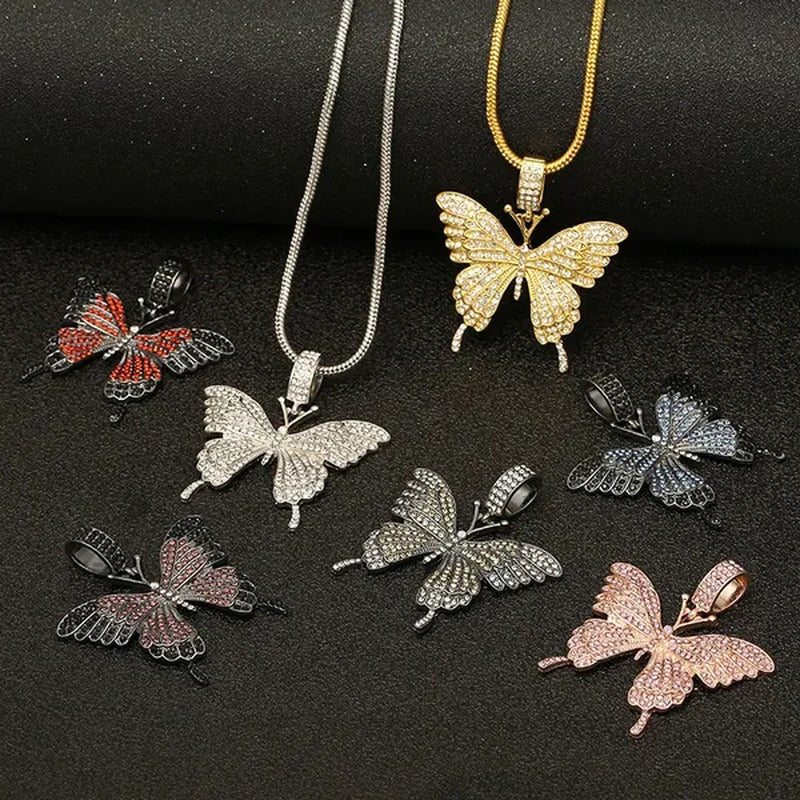 Colorful Butterfly Pendant Necklace Set with Diamond Alloy, Snake Chain, Hip Hop