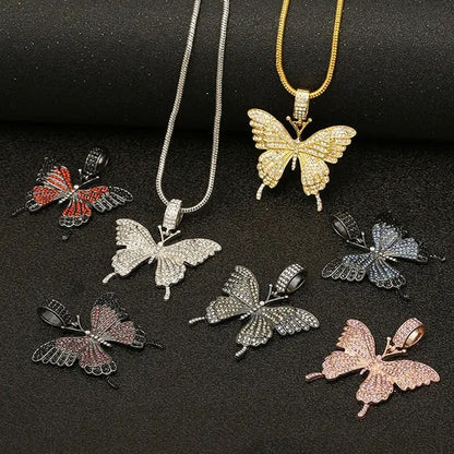 Colorful Butterfly Pendant Necklace Set with Diamond Alloy, Snake Chain, Hip Hop