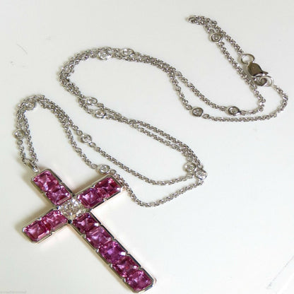 18KT GIA 10.41CT NATURAL PINK SAPPHIRE DIAMOND CROSS PENDANT NECKLACE