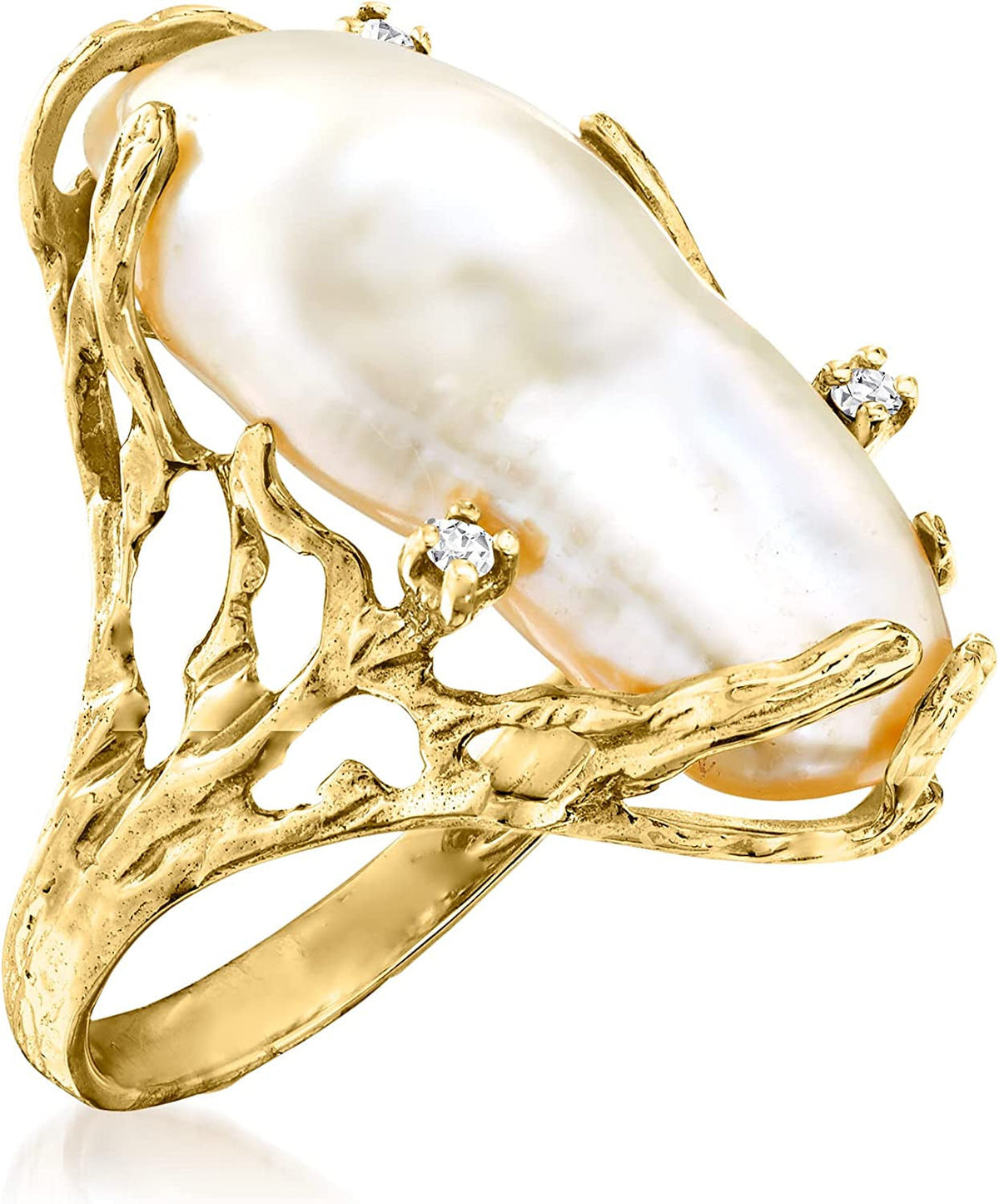 10X24Mm Cultured Baroque Pearl Ring with Diamond Accents in 14Kt Yellow Gold. Si