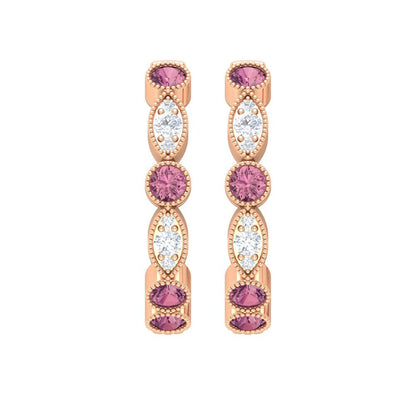 3/4 CT Pink Tourmaline and Diamond Hoop Earrings, Pink Tourmaline Vintage Earrin