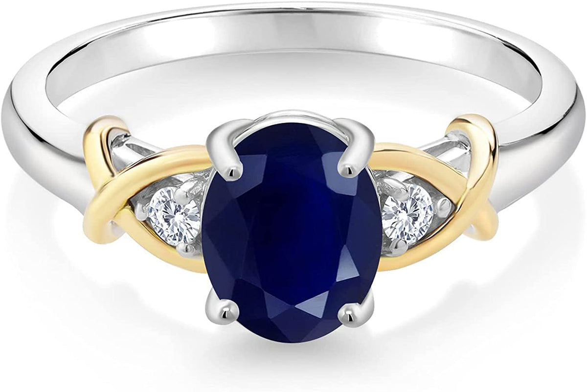 2 Tone 10K Yellow Gold and 925 Sterling Silver Blue Sapphire and White G-H Lab G