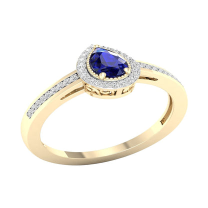 Imperial Gemstone 10K Yellow Gold Pear Blue Sapphire 1/8 CT TW Diamond Halo Wome