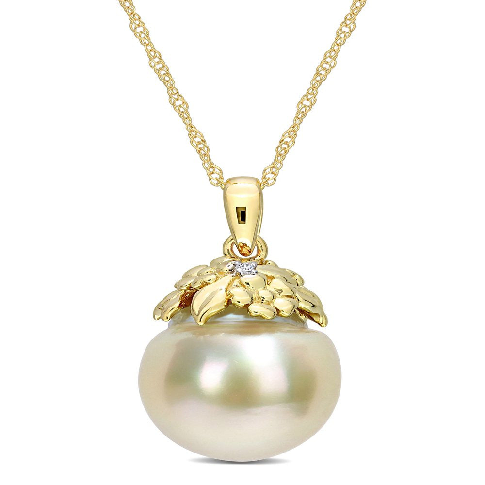 9-10Mm Drop South Sea Cultured Freshwater Pearl and Diamond Accent 14Kt Yellow G