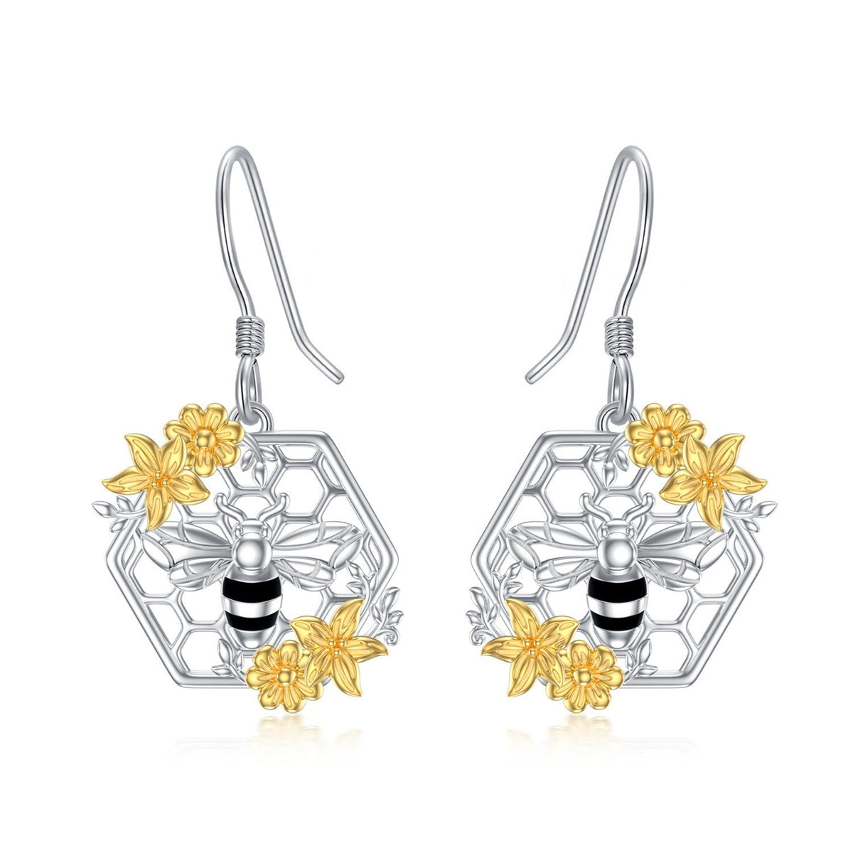 Sunflower Bee Earrings Sterling Silver Honeycomb Dangle Drop Bee Earrings Jewelr