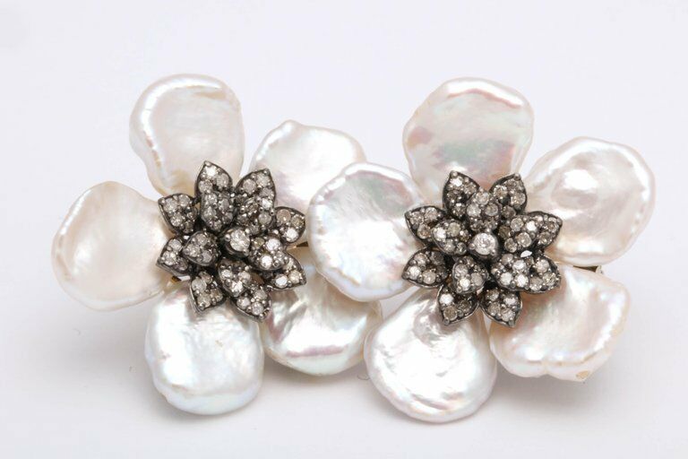 Pearl Leaf and Diamond Flower Earring
