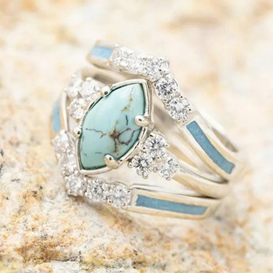 Newest 3Pcs/Set Women'S 18 K Gold Multilayer Hollow Turquoise Ring Band Exquisit