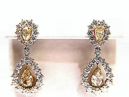 CERTIFIED FANCY YELLOW DIAMOND DANGLE NATURAL PEAR SHAPE DIAMOND EARRING DNAGLE