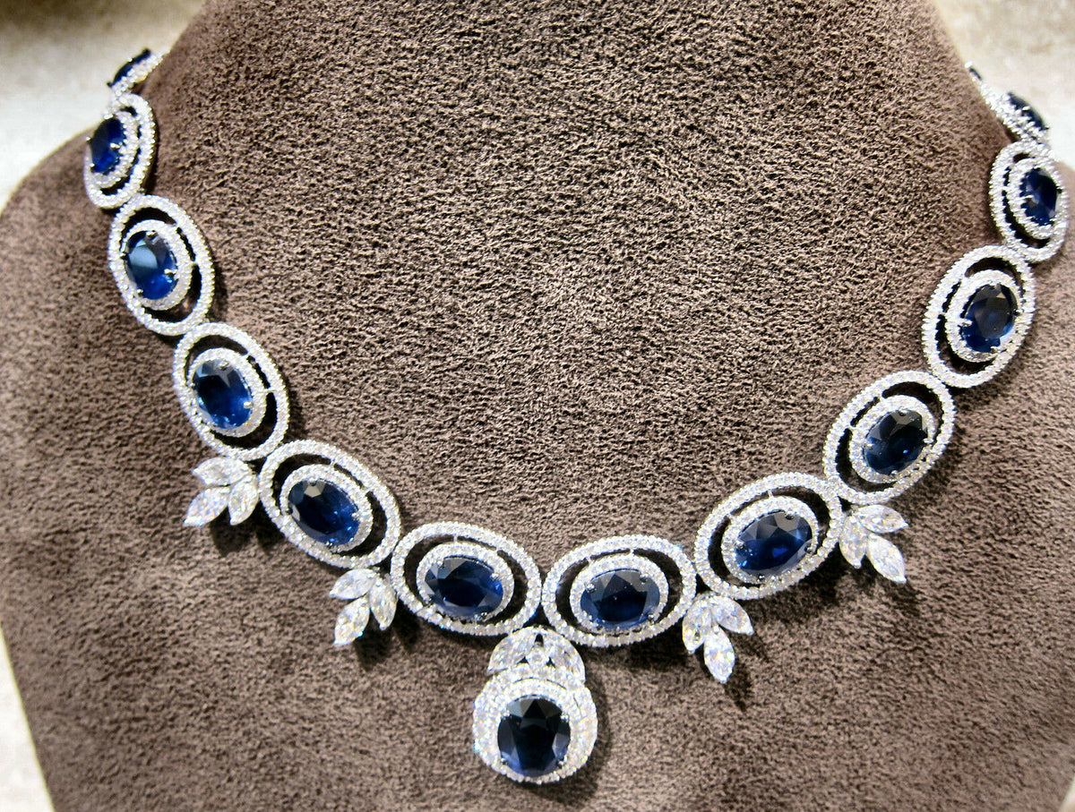 SAPPHIRE OVAL SHAPE ALL GEMSTONE NECKLACE DIAMOND ROUND MARQUISE SET NECKLACE
