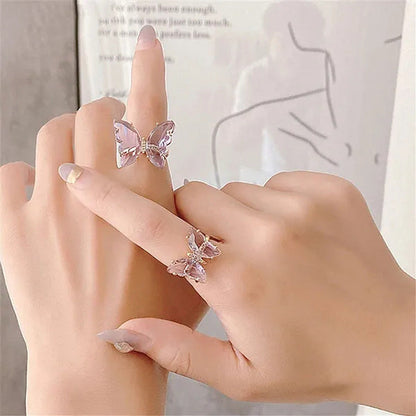 Shiny Accessories Elegant Colorful Transparent Glass Butterfly Ring for Women Si