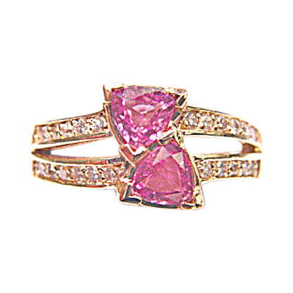 PINK SAPPHIRE 1.16 CT TRILLION SHAPE DIAMOND .28 CT ROUND SHAPE 14 K YELLOW GOLD